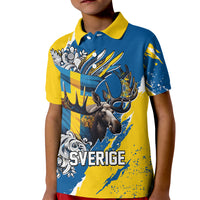Sweden Flag Day Kid Polo Shirt Majestic Elk Floral Nordic Heritage