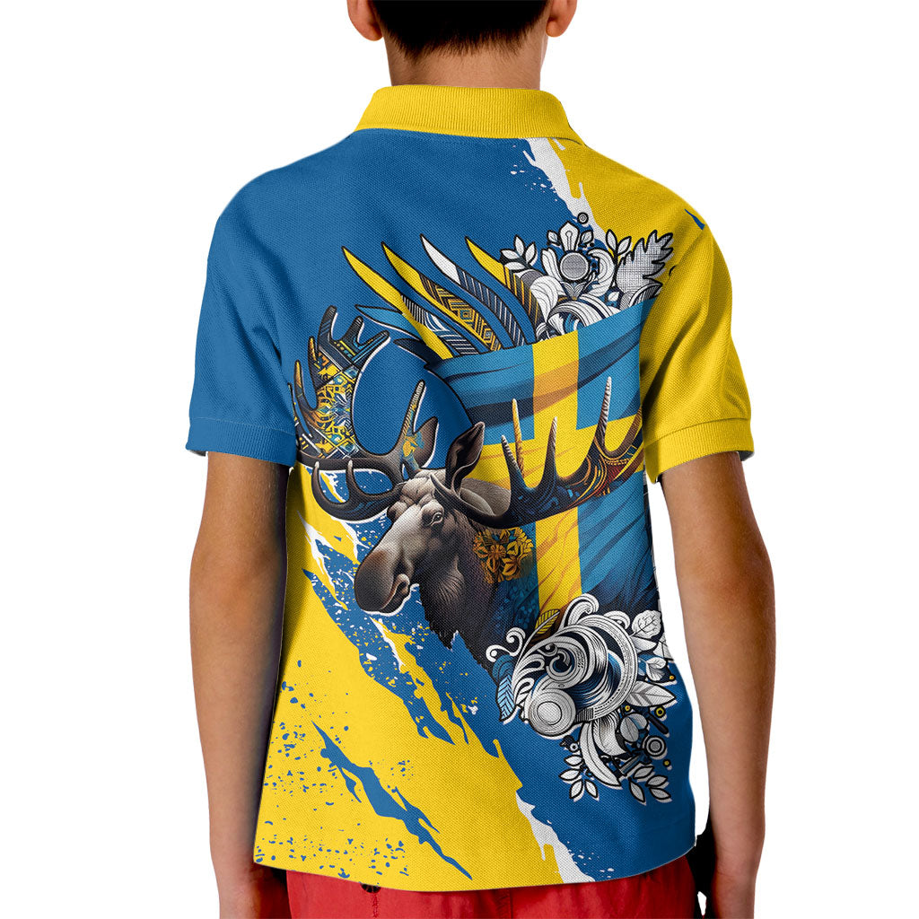 Sweden Flag Day Kid Polo Shirt Majestic Elk Floral Nordic Heritage