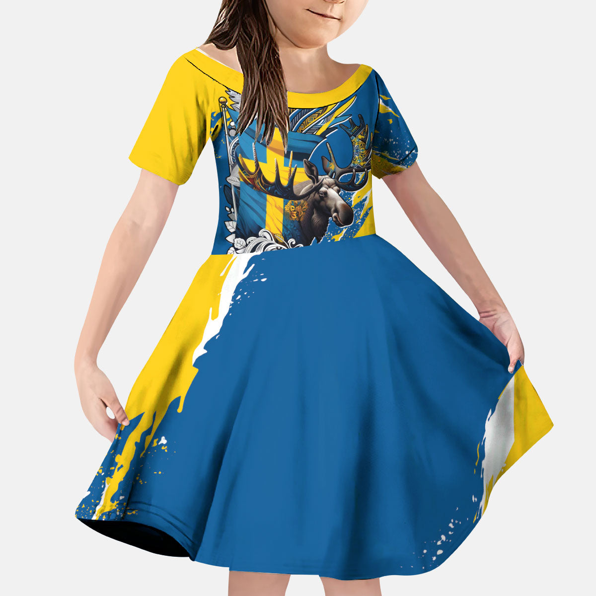 Sweden Flag Day Kid Short Sleeve Dress Majestic Elk Floral Nordic Heritage