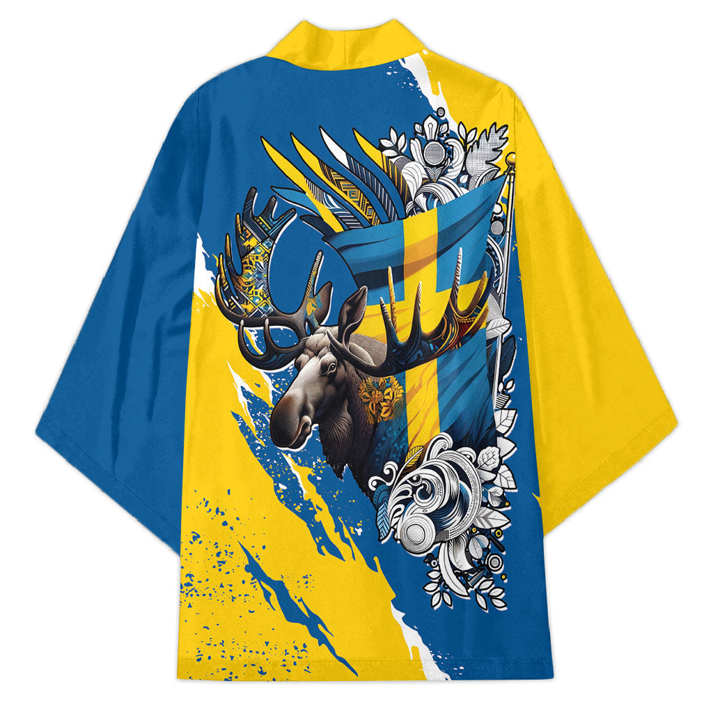 Sweden Flag Day Kimono Majestic Elk Floral Nordic Heritage