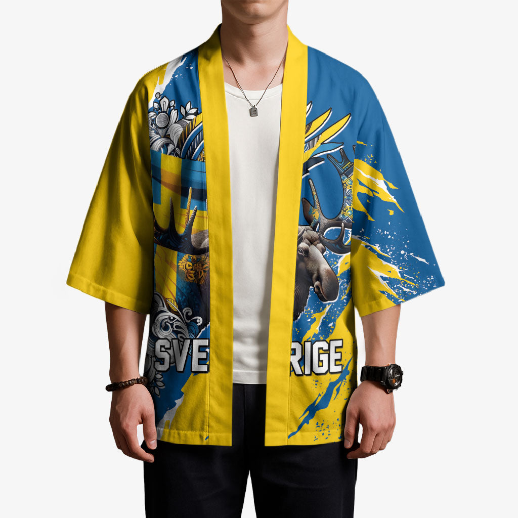 Sweden Flag Day Kimono Majestic Elk Floral Nordic Heritage