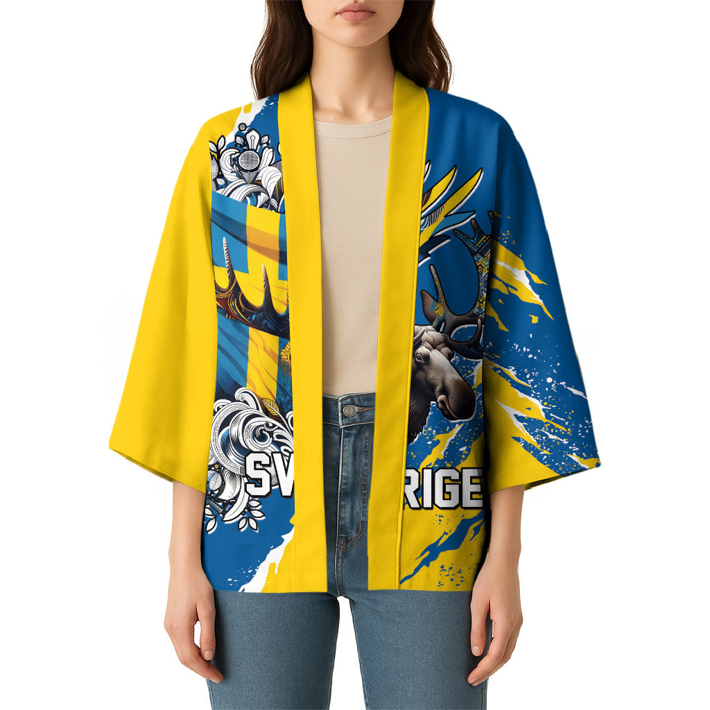 Sweden Flag Day Kimono Majestic Elk Floral Nordic Heritage