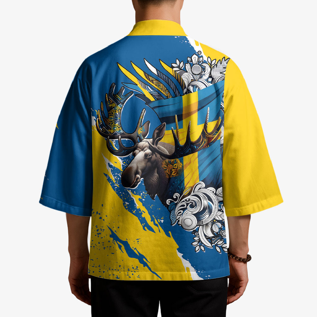 Sweden Flag Day Kimono Majestic Elk Floral Nordic Heritage