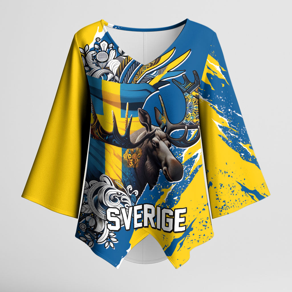 Sweden Flag Day Kimono Sleeve Blouse Majestic Elk Floral Nordic Heritage