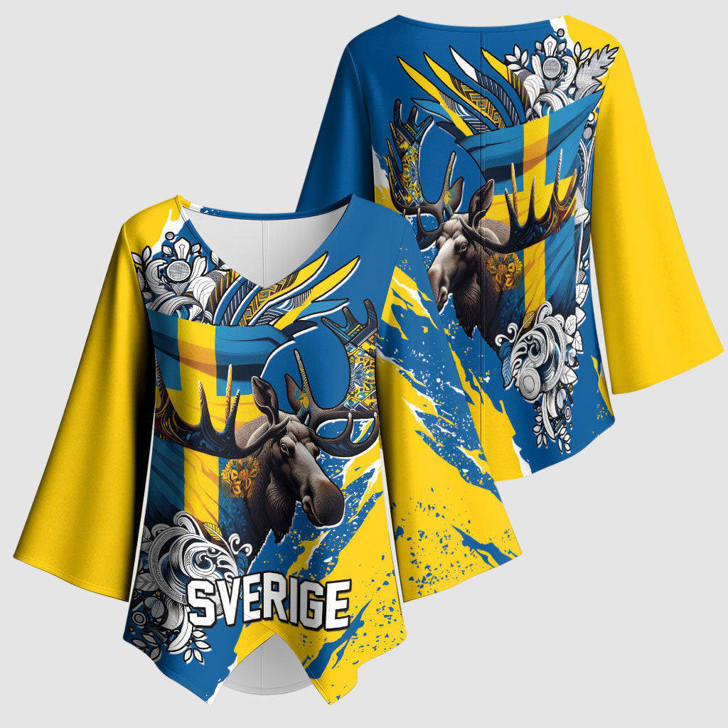 Sweden Flag Day Kimono Sleeve Blouse Majestic Elk Floral Nordic Heritage