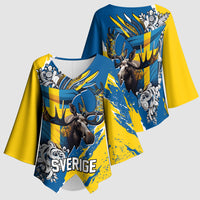 Sweden Flag Day Kimono Sleeve Blouse Majestic Elk Floral Nordic Heritage