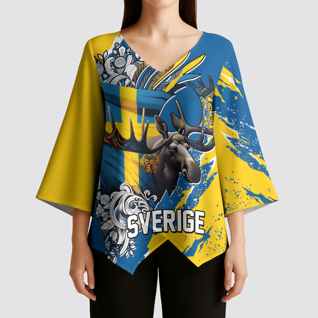 Sweden Flag Day Kimono Sleeve Blouse Majestic Elk Floral Nordic Heritage