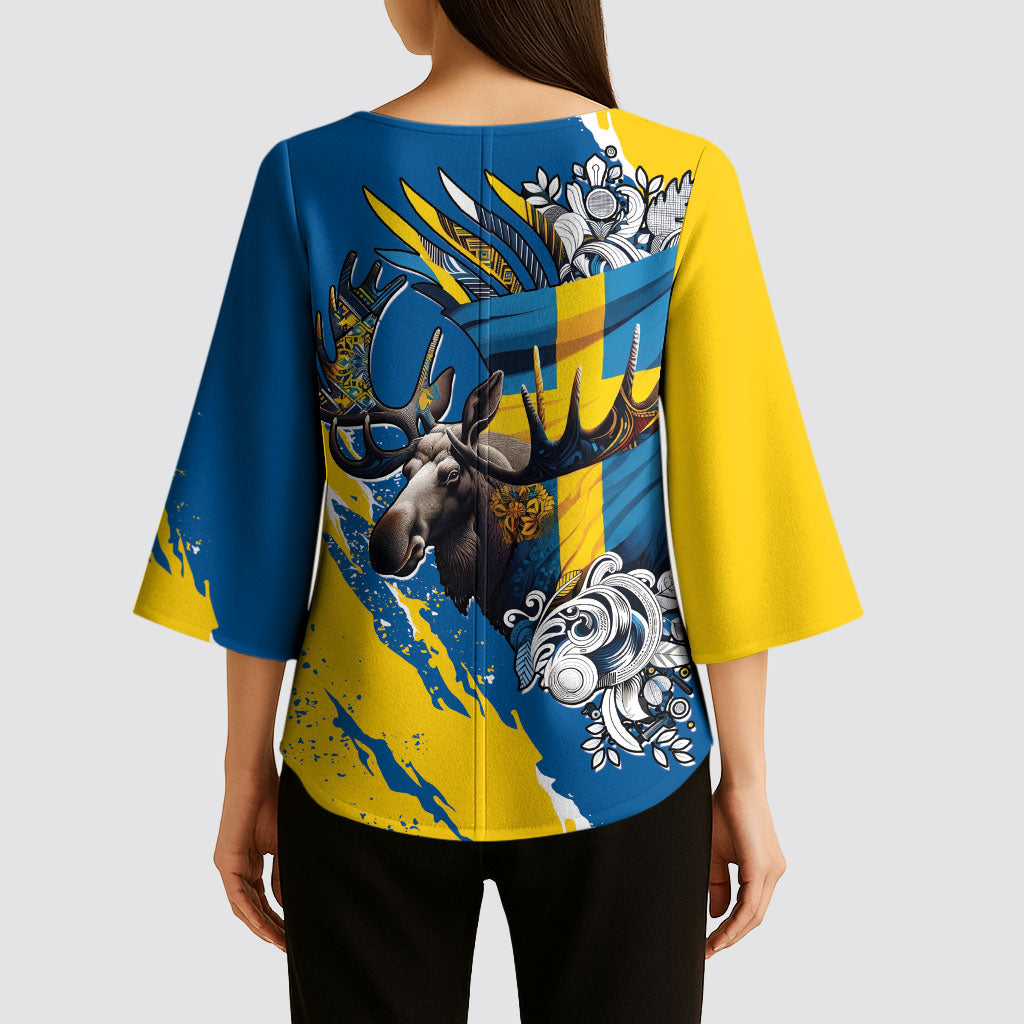 Sweden Flag Day Kimono Sleeve Blouse Majestic Elk Floral Nordic Heritage