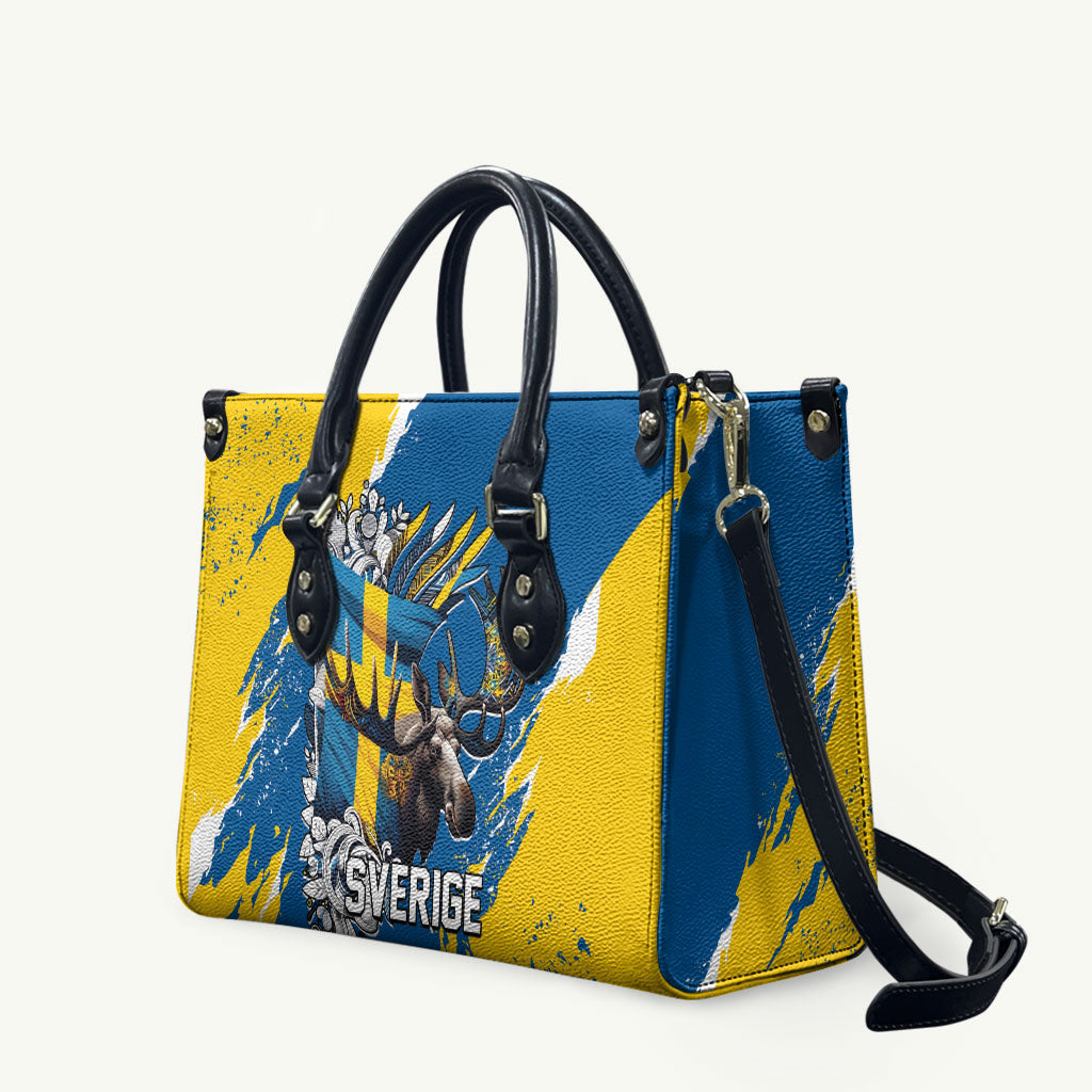Sweden Flag Day Leather Bag Majestic Elk Floral Nordic Heritage