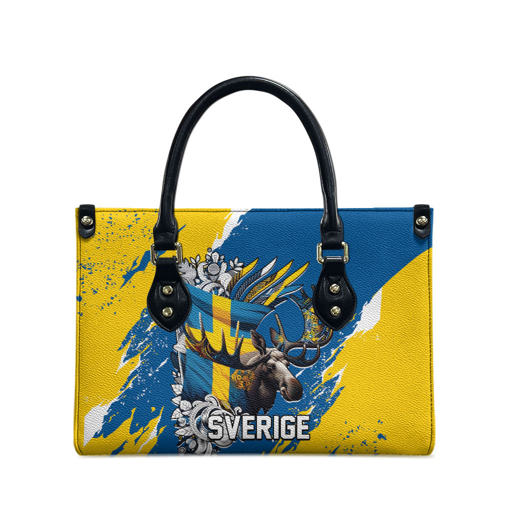 Sweden Flag Day Leather Bag Majestic Elk Floral Nordic Heritage