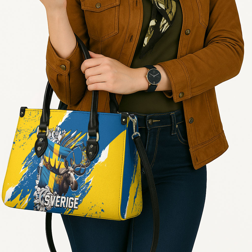 Sweden Flag Day Leather Bag Majestic Elk Floral Nordic Heritage
