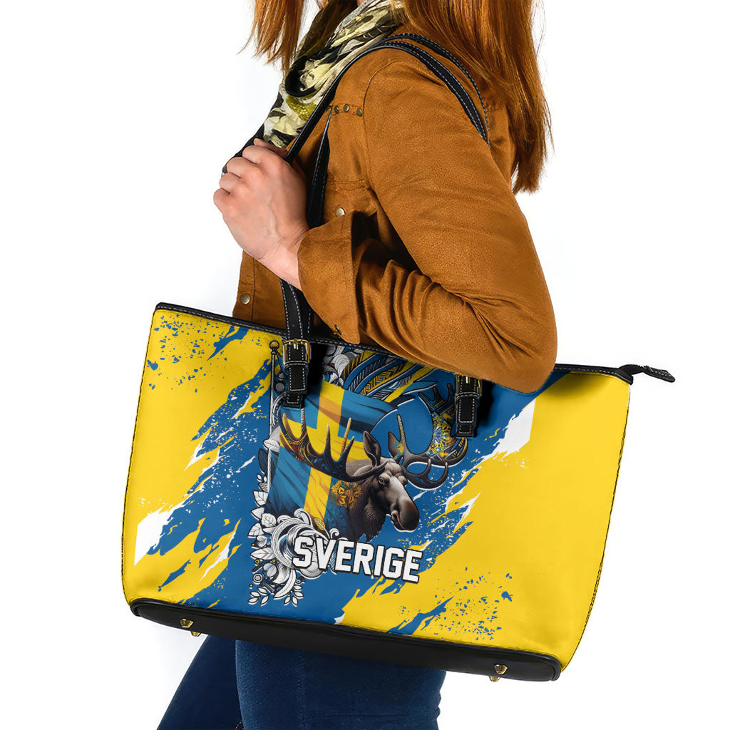 Sweden Flag Day Leather Tote Bag Majestic Elk Floral Nordic Heritage