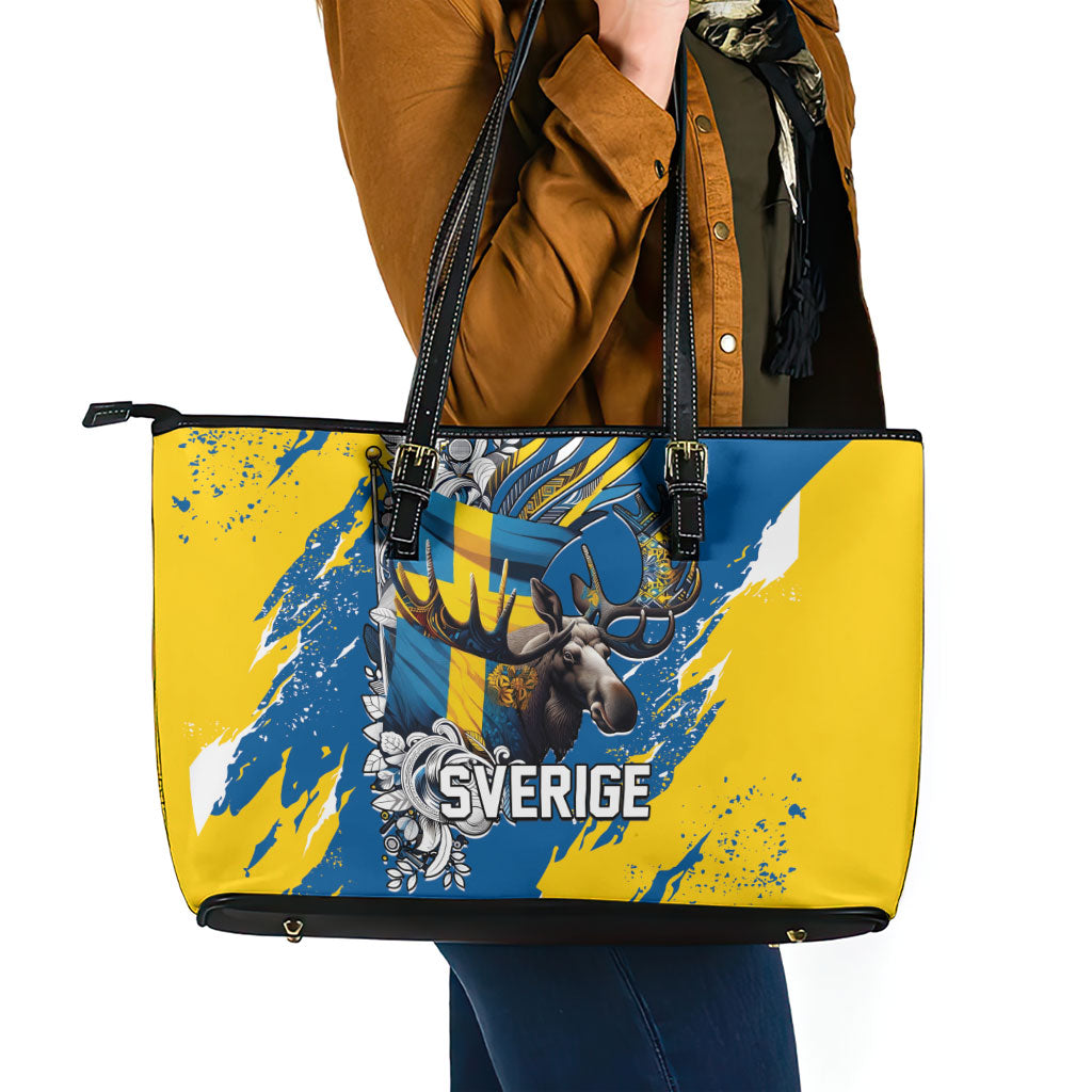 Sweden Flag Day Leather Tote Bag Majestic Elk Floral Nordic Heritage