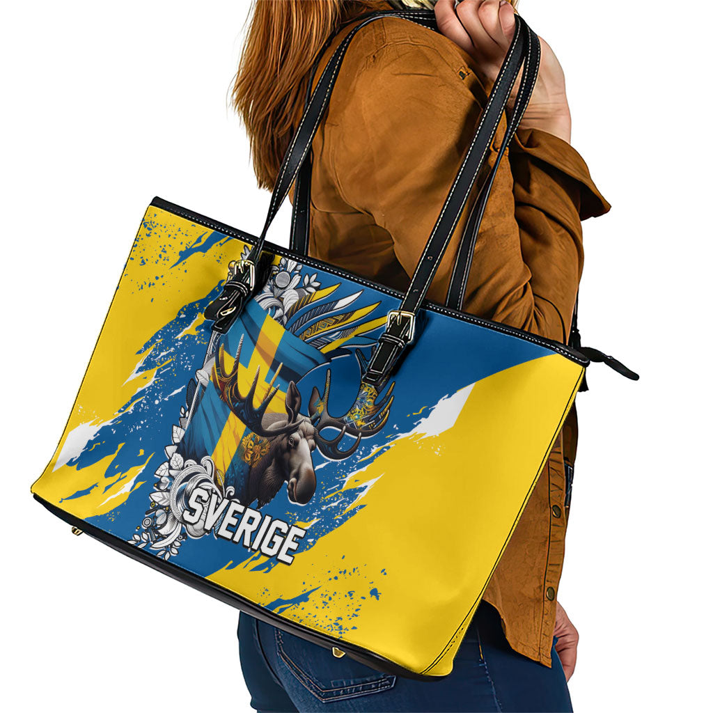 Sweden Flag Day Leather Tote Bag Majestic Elk Floral Nordic Heritage