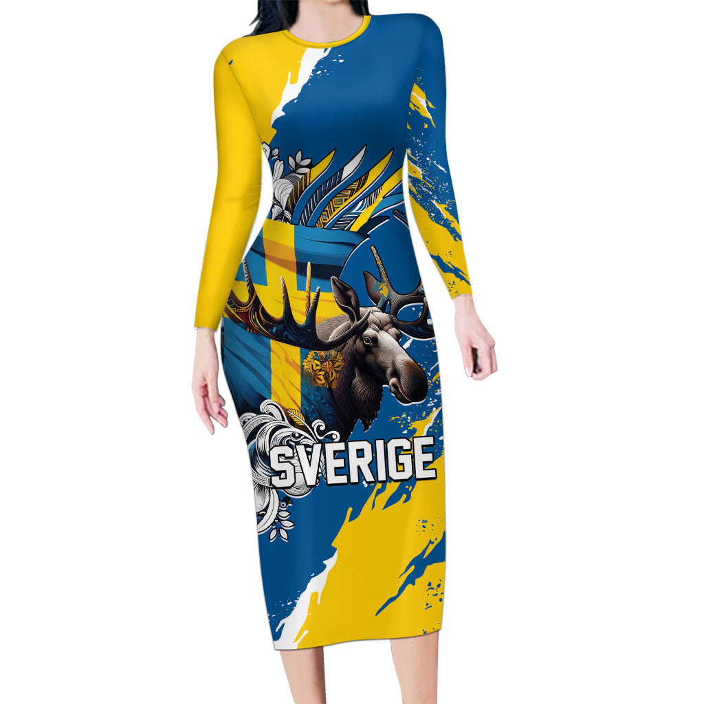 Sweden Flag Day Long Sleeve Bodycon Dress Majestic Elk Floral Nordic Heritage