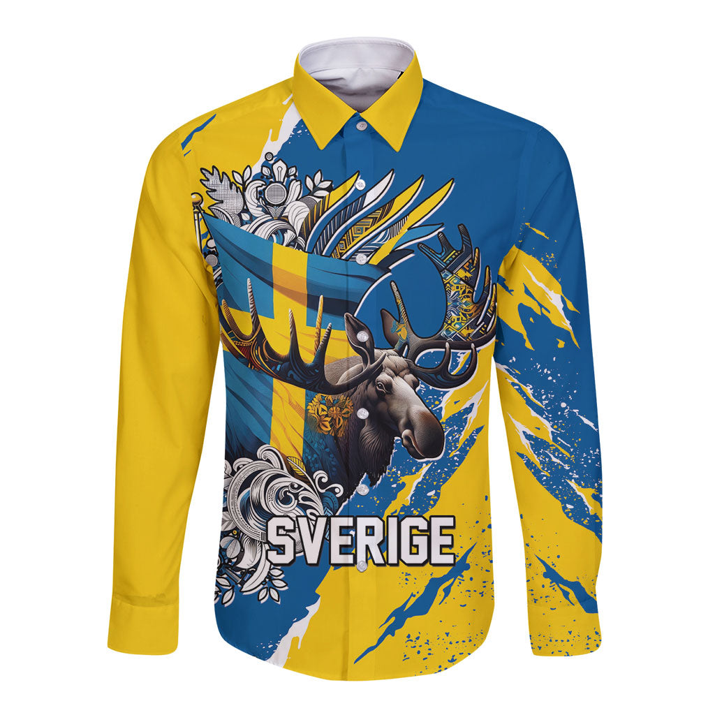 Sweden Flag Day Long Sleeve Button Shirt Majestic Elk Floral Nordic Heritage