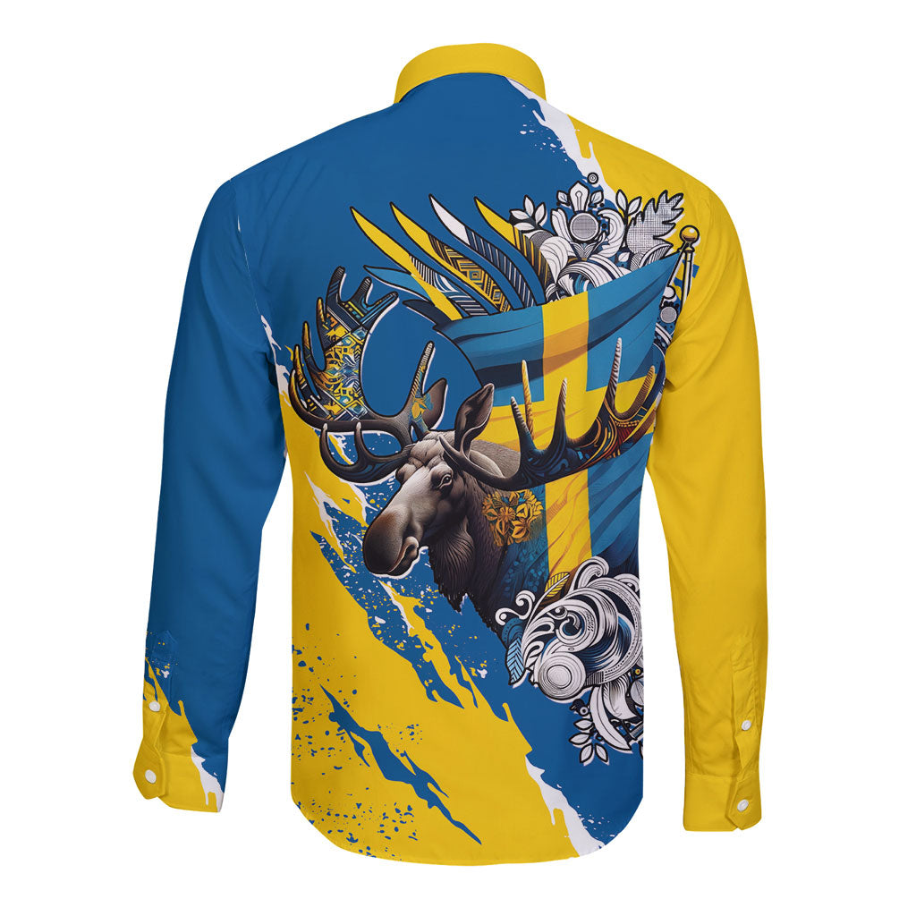 Sweden Flag Day Long Sleeve Button Shirt Majestic Elk Floral Nordic Heritage