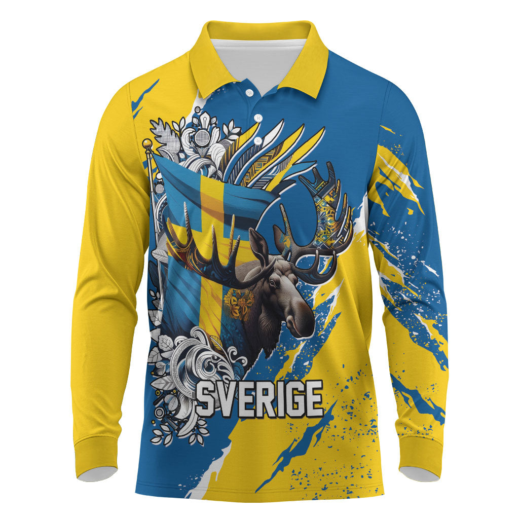 Sweden Flag Day Long Sleeve Polo Shirt Majestic Elk Floral Nordic Heritage