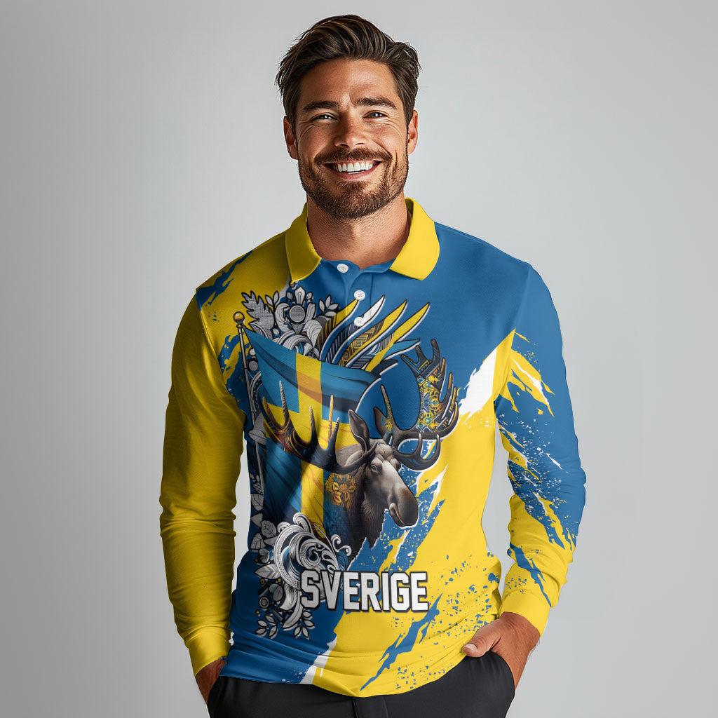 Sweden Flag Day Long Sleeve Polo Shirt Majestic Elk Floral Nordic Heritage