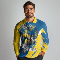 Sweden Flag Day Long Sleeve Polo Shirt Majestic Elk Floral Nordic Heritage