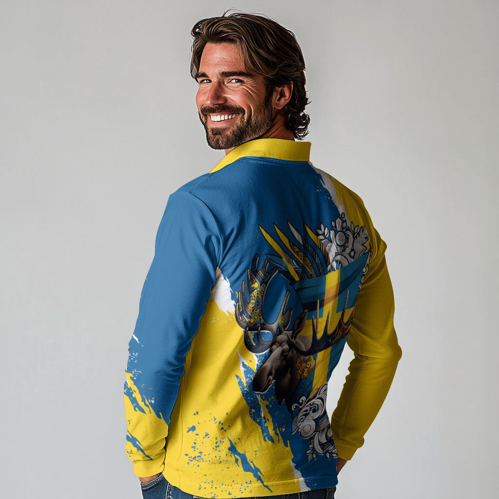 Sweden Flag Day Long Sleeve Polo Shirt Majestic Elk Floral Nordic Heritage