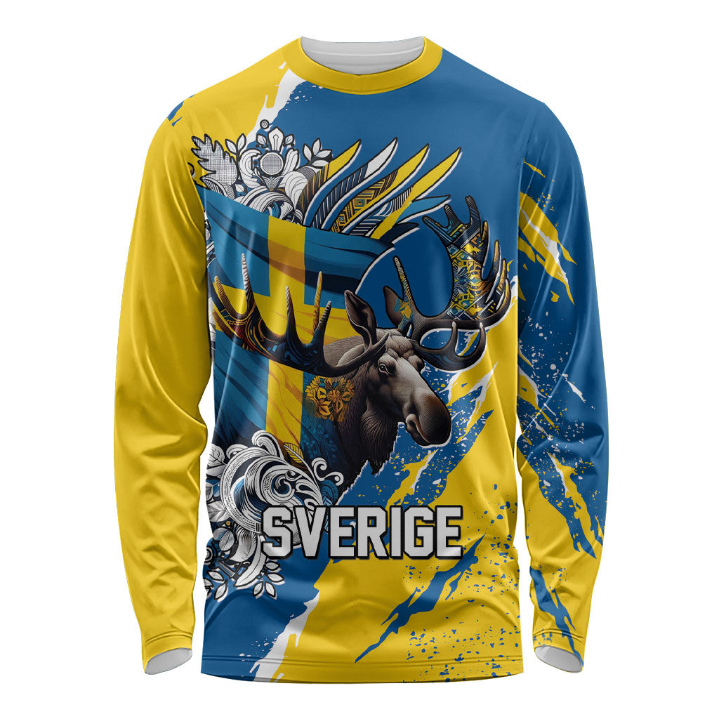 Sweden Flag Day Long Sleeve Shirt Majestic Elk Floral Nordic Heritage