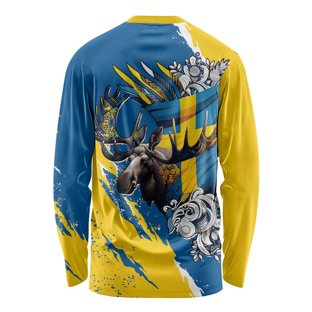 Sweden Flag Day Long Sleeve Shirt Majestic Elk Floral Nordic Heritage