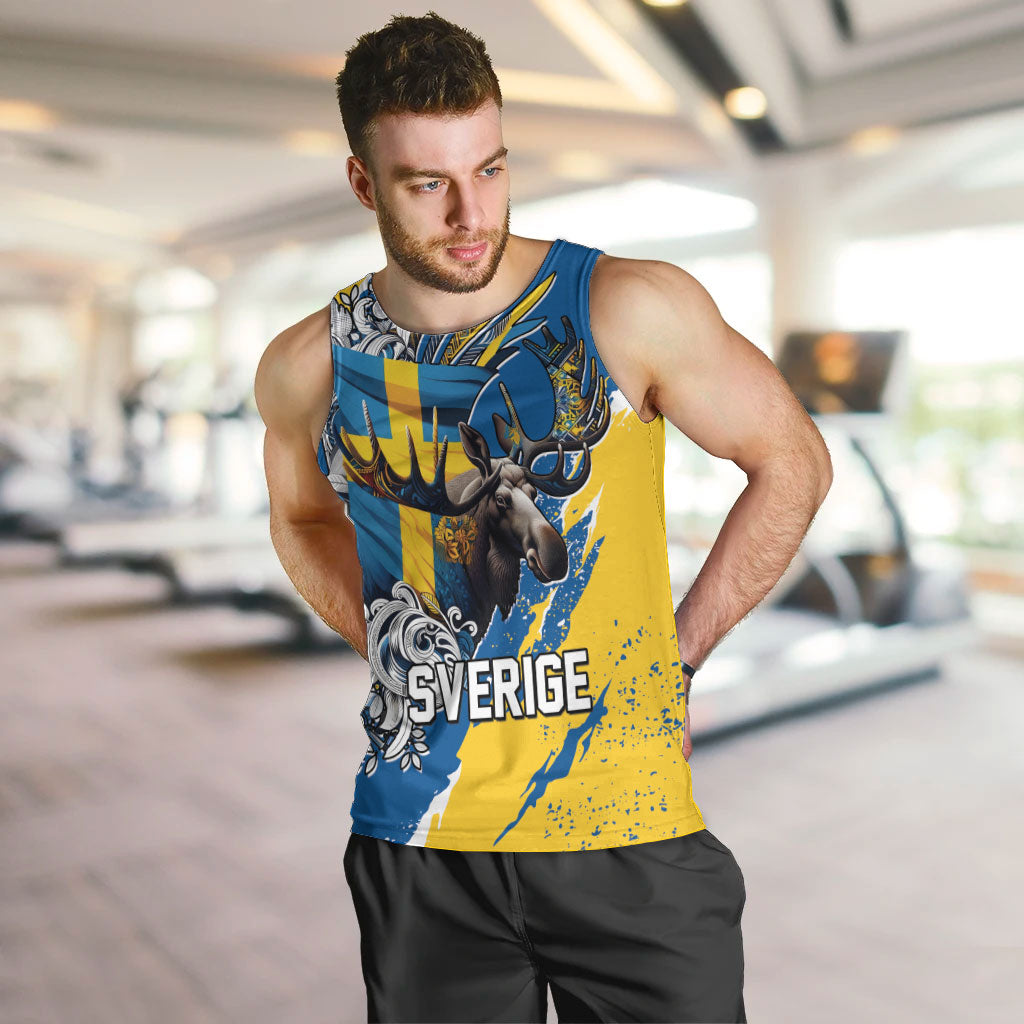 Sweden Flag Day Men Tank Top Majestic Elk Floral Nordic Heritage