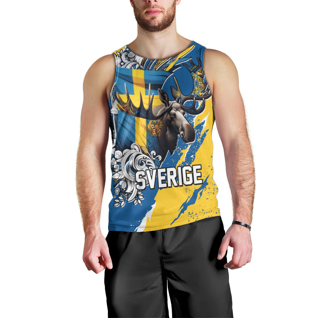 Sweden Flag Day Men Tank Top Majestic Elk Floral Nordic Heritage