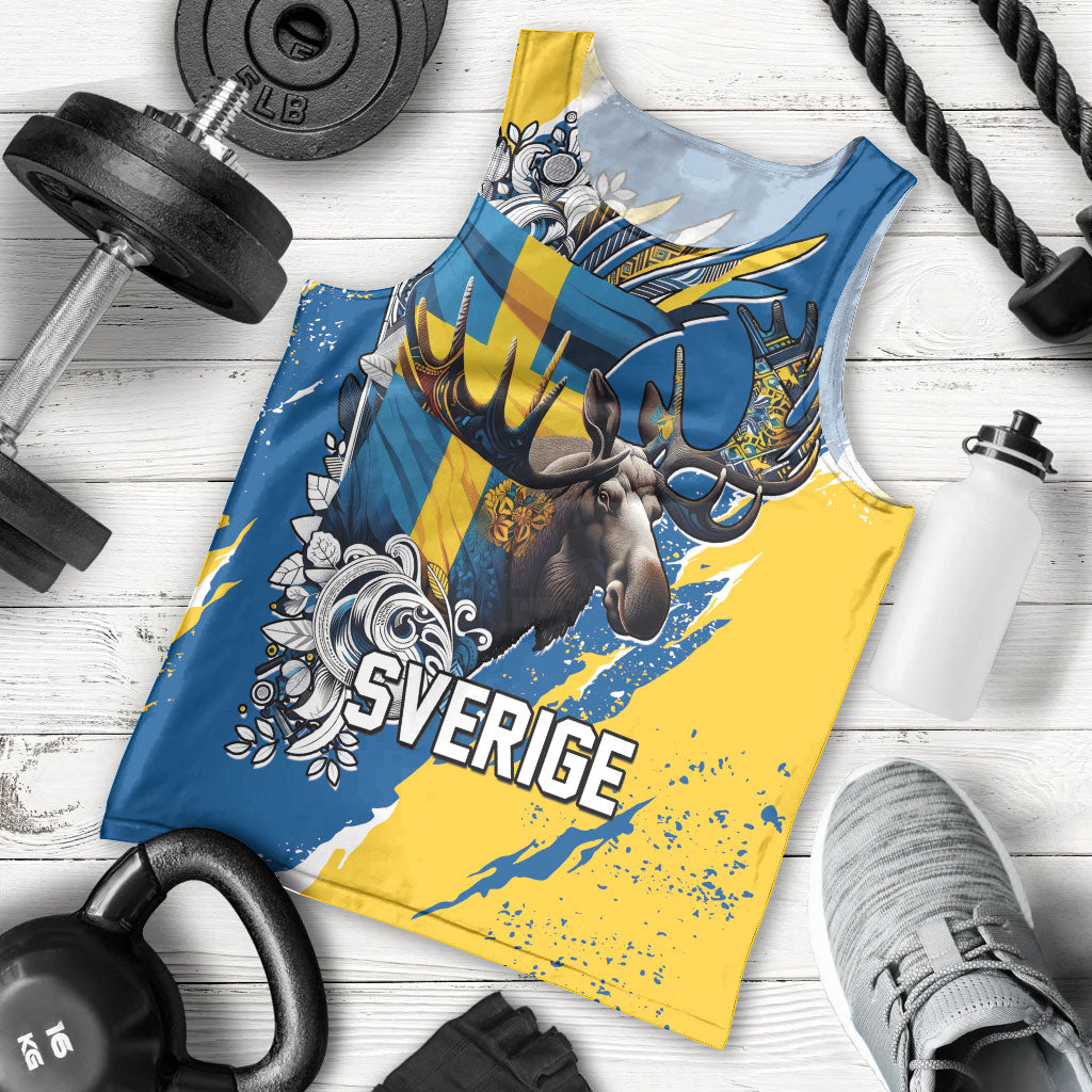 Sweden Flag Day Men Tank Top Majestic Elk Floral Nordic Heritage