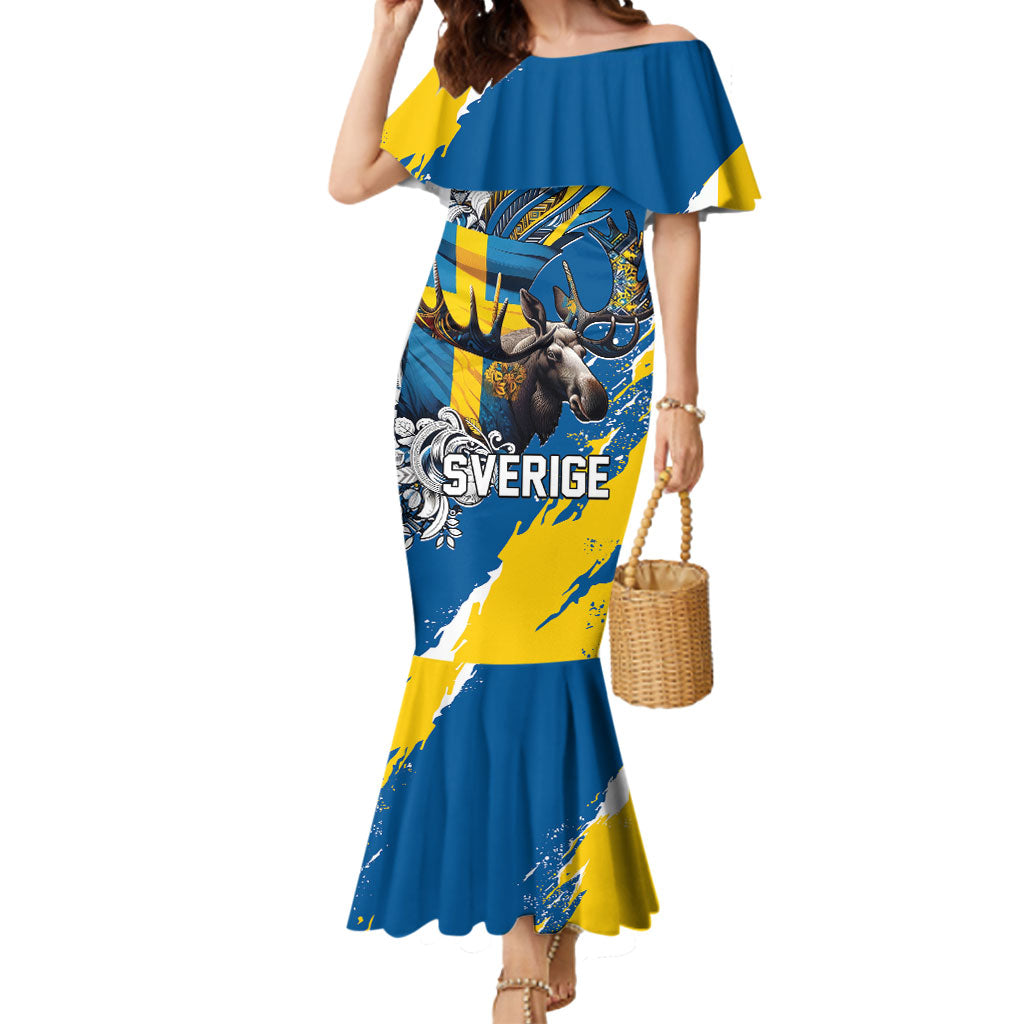 Sweden Flag Day Mermaid Dress Majestic Elk Floral Nordic Heritage