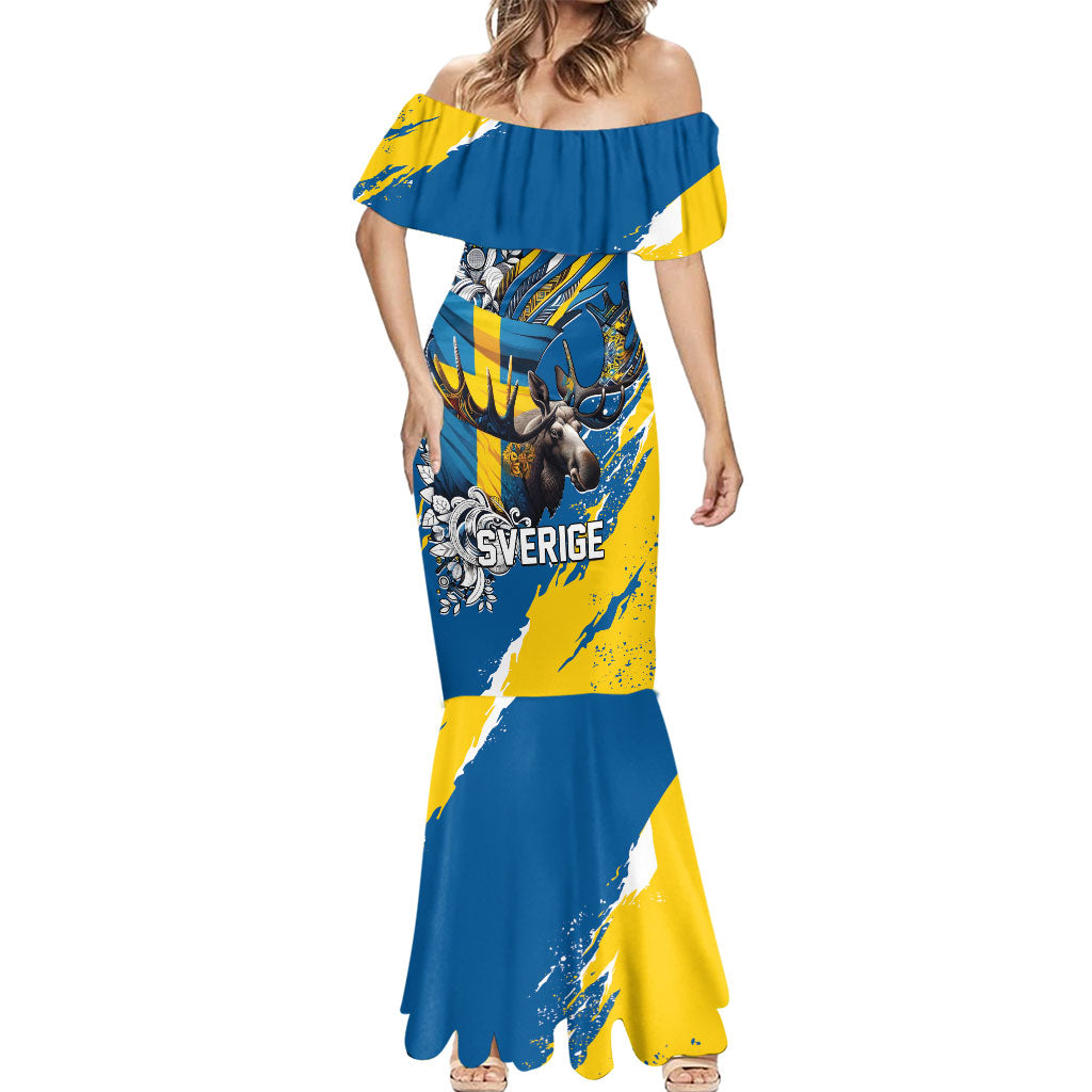 Sweden Flag Day Mermaid Dress Majestic Elk Floral Nordic Heritage