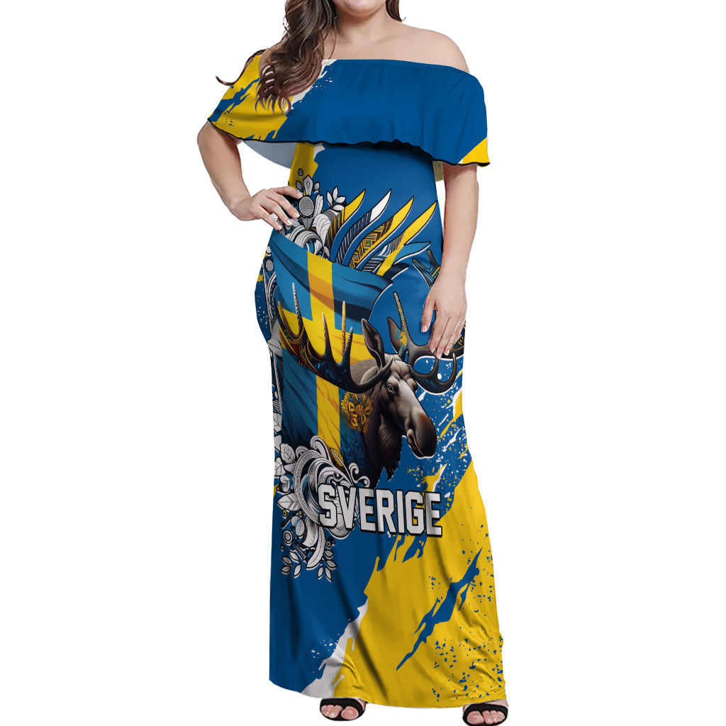 Sweden Flag Day Off Shoulder Maxi Dress Majestic Elk Floral Nordic Heritage