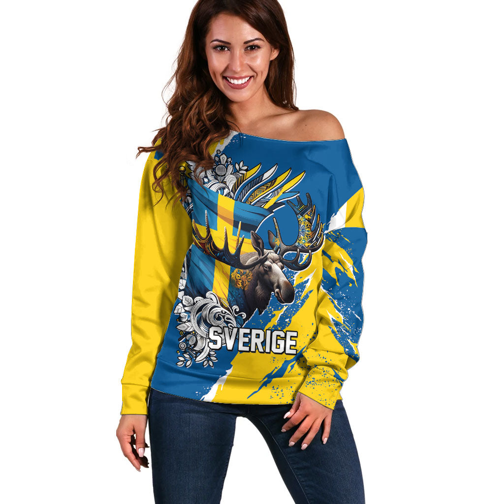Sweden Flag Day Off Shoulder Sweater Majestic Elk Floral Nordic Heritage