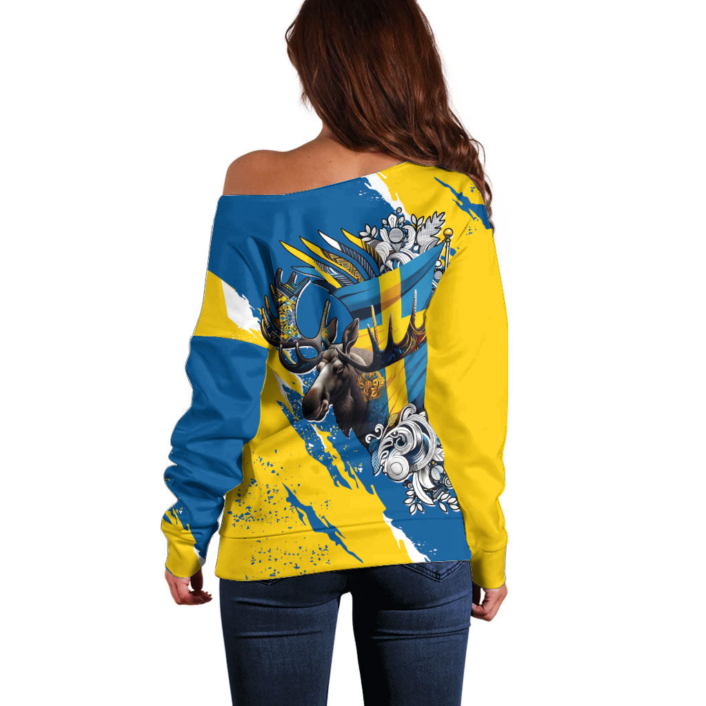 Sweden Flag Day Off Shoulder Sweater Majestic Elk Floral Nordic Heritage