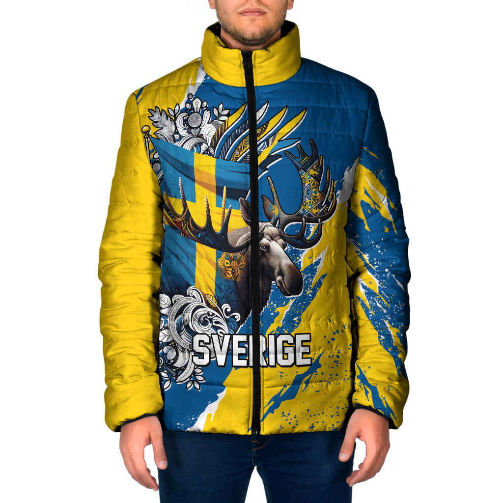 Sweden Flag Day Padded Jacket Majestic Elk Floral Nordic Heritage