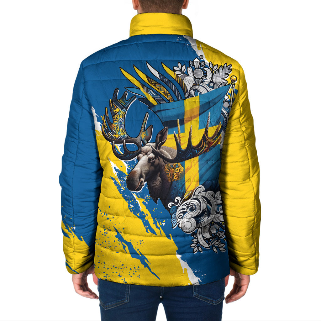 Sweden Flag Day Padded Jacket Majestic Elk Floral Nordic Heritage