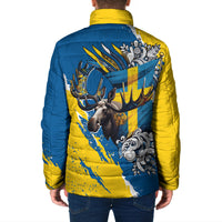 Sweden Flag Day Padded Jacket Majestic Elk Floral Nordic Heritage