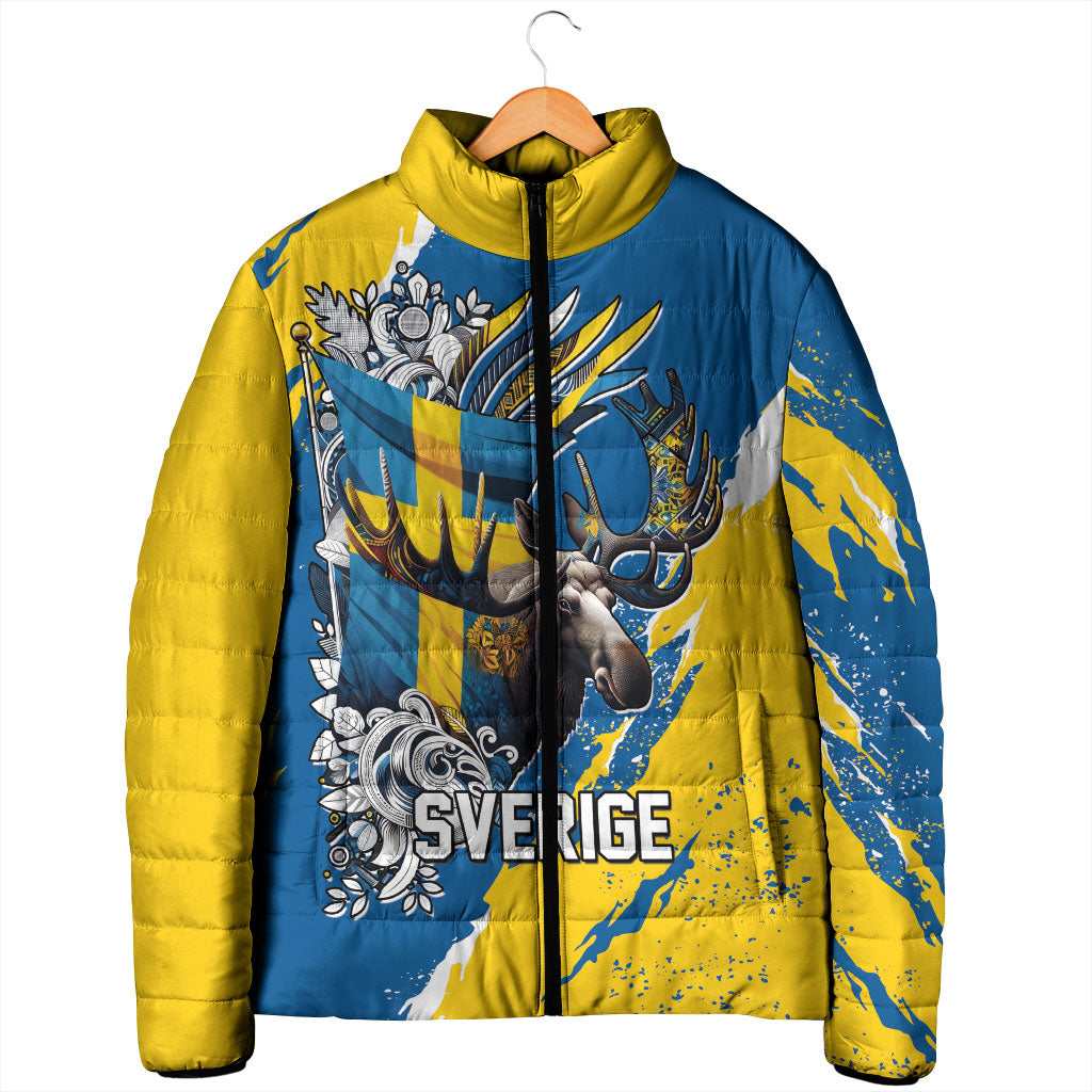 Sweden Flag Day Padded Jacket Majestic Elk Floral Nordic Heritage