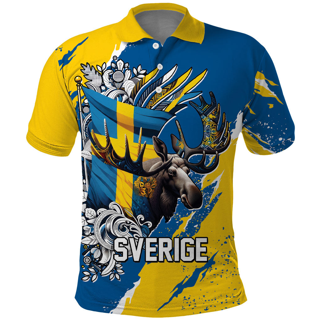 Sweden Flag Day Polo Shirt Majestic Elk Floral Nordic Heritage