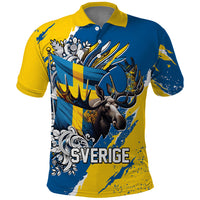 Sweden Flag Day Polo Shirt Majestic Elk Floral Nordic Heritage
