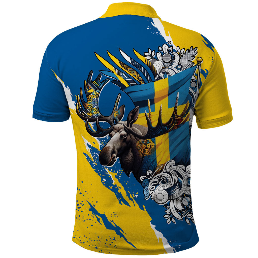Sweden Flag Day Polo Shirt Majestic Elk Floral Nordic Heritage