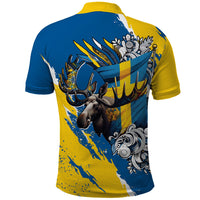 Sweden Flag Day Polo Shirt Majestic Elk Floral Nordic Heritage
