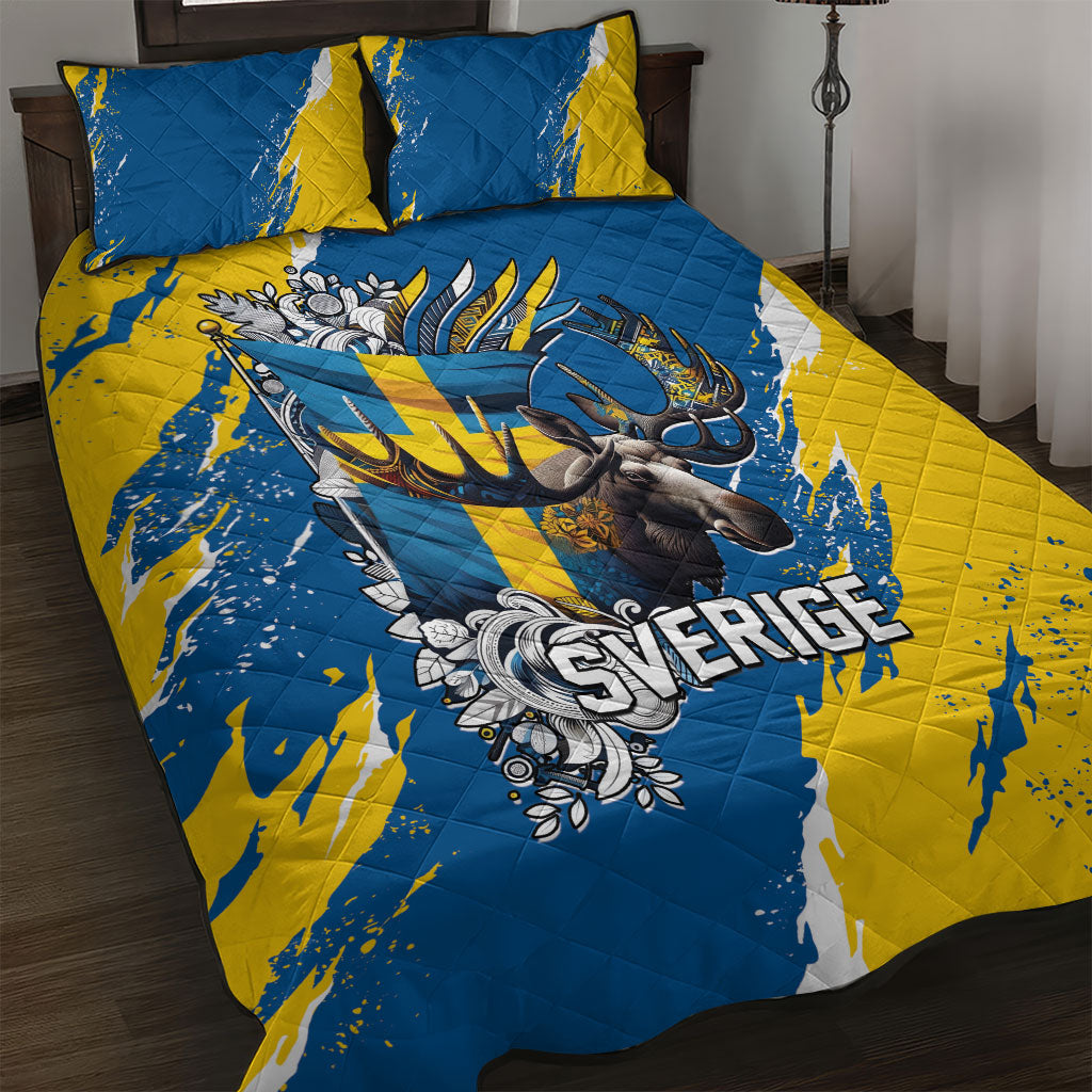 Sweden Flag Day Quilt Bed Set Majestic Elk Floral Nordic Heritage