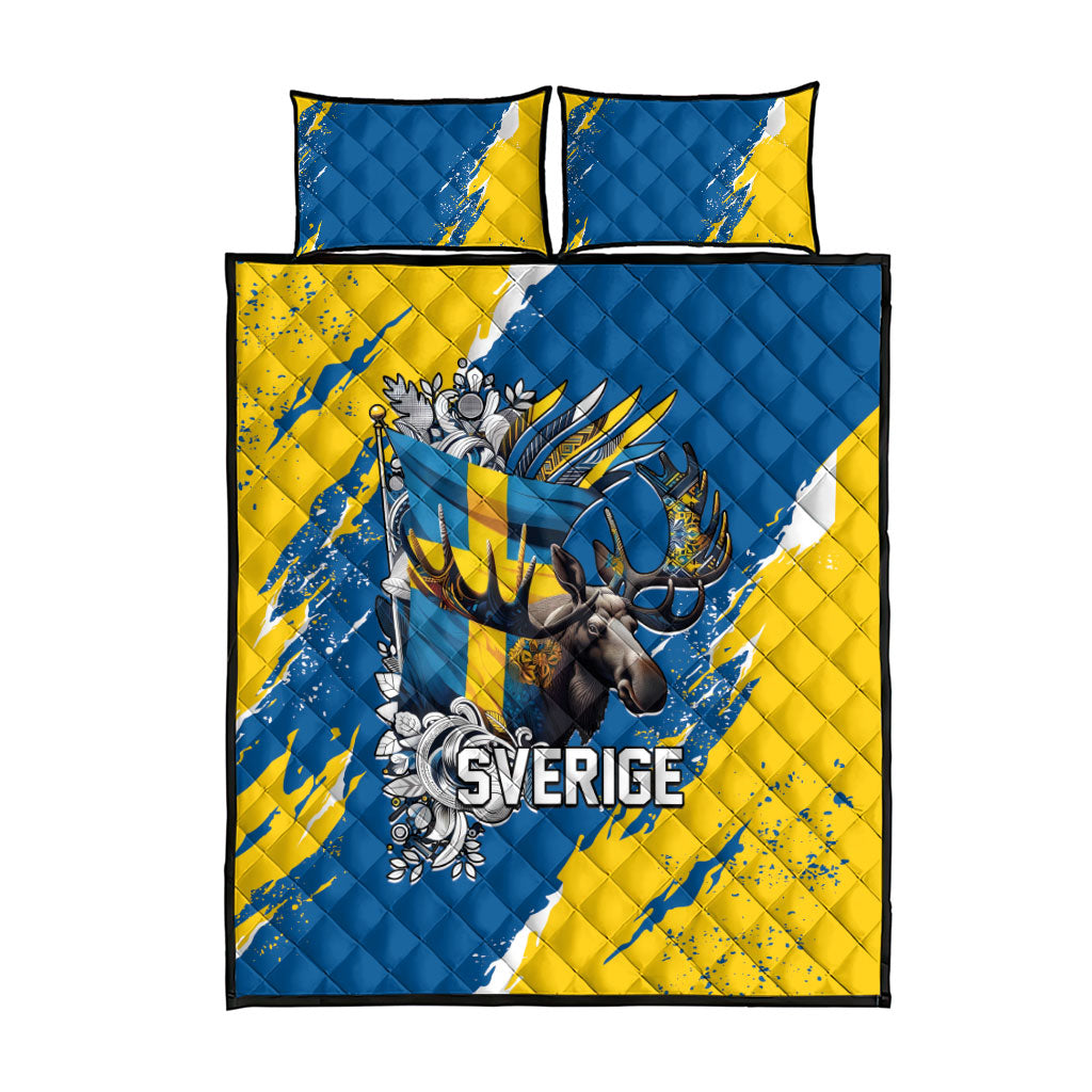 Sweden Flag Day Quilt Bed Set Majestic Elk Floral Nordic Heritage