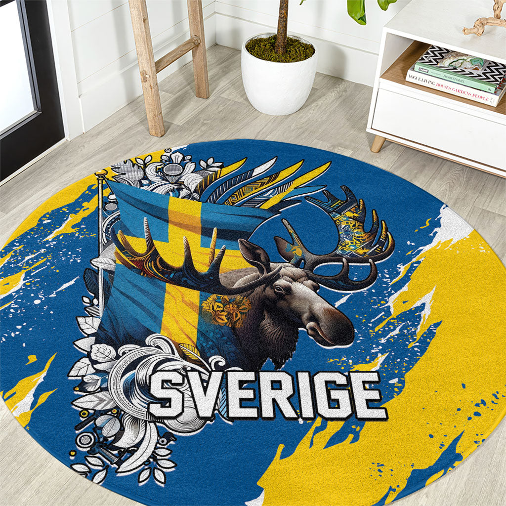 Sweden Flag Day Round Carpet Majestic Elk Floral Nordic Heritage