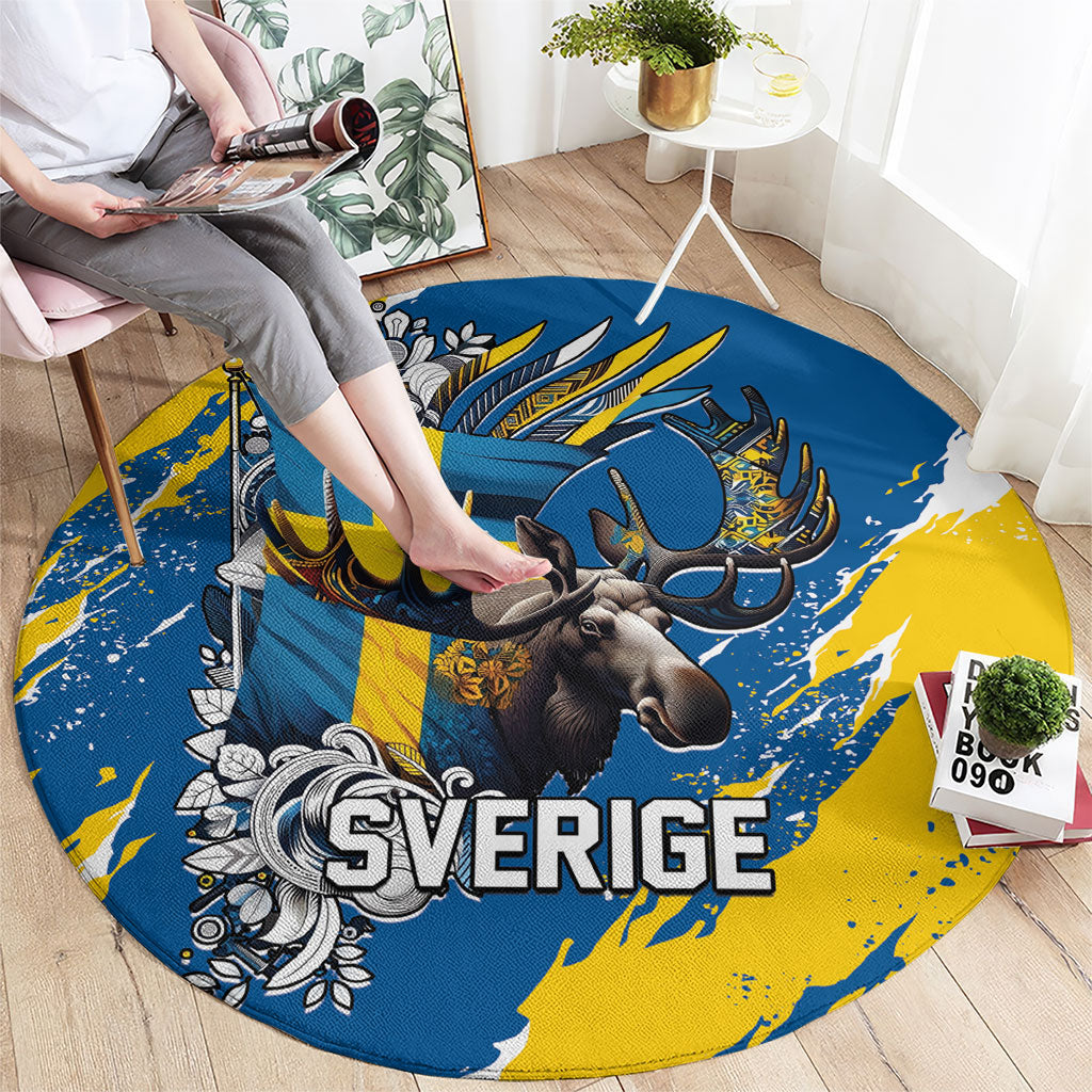 Sweden Flag Day Round Carpet Majestic Elk Floral Nordic Heritage
