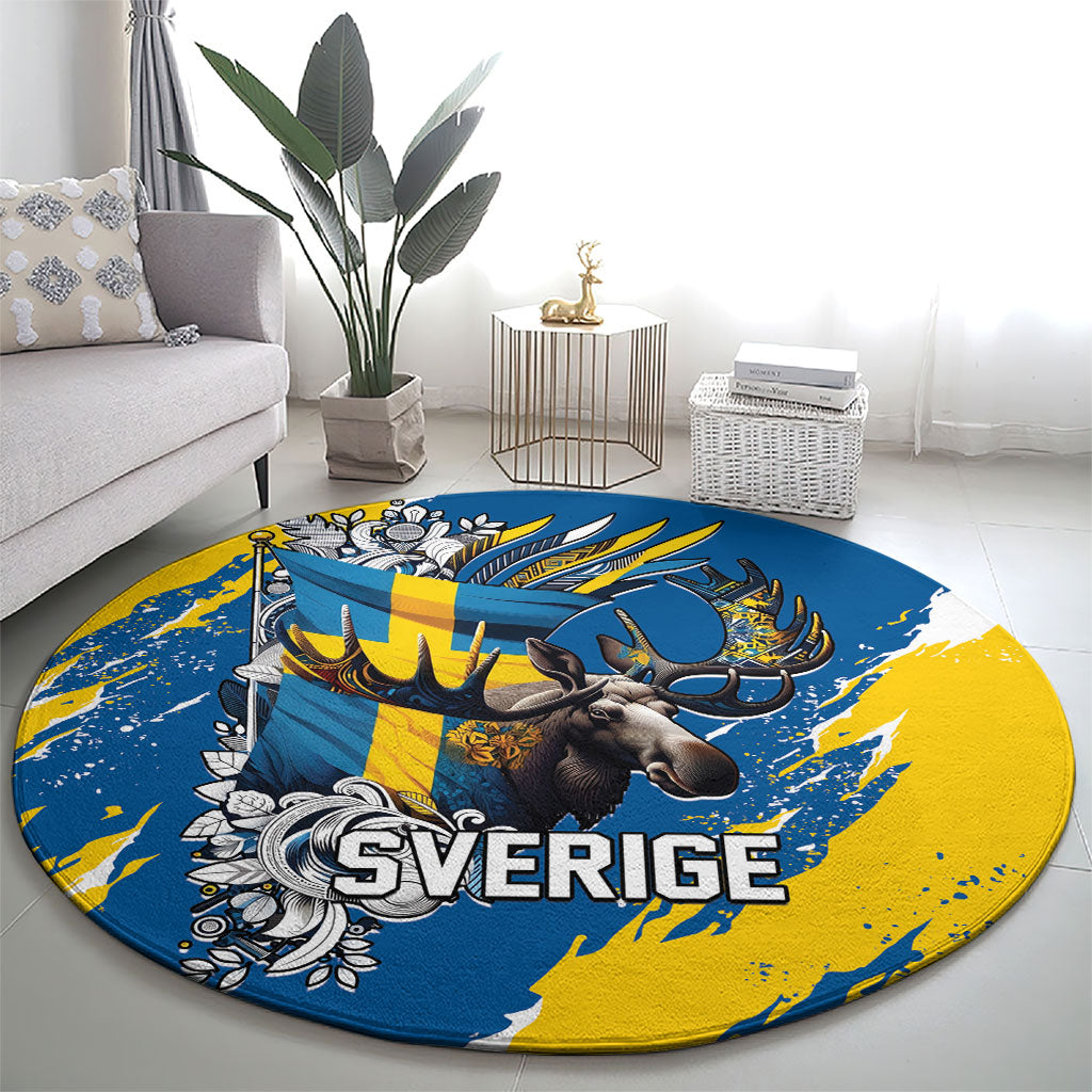 Sweden Flag Day Round Carpet Majestic Elk Floral Nordic Heritage