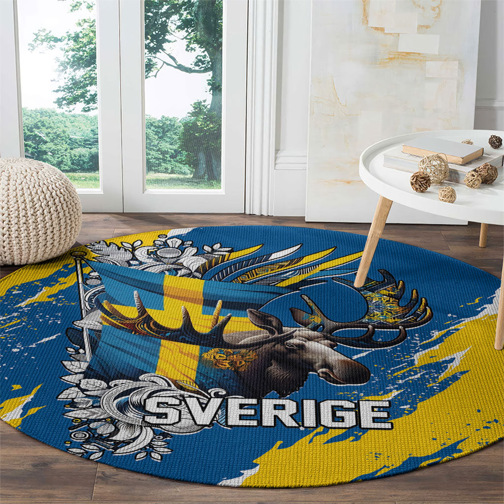 Sweden Flag Day Round Carpet Majestic Elk Floral Nordic Heritage