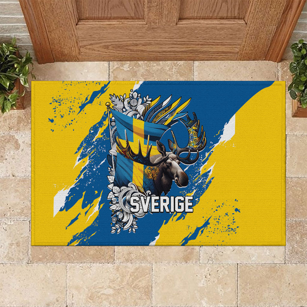 Sweden Flag Day Rubber Doormat Majestic Elk Floral Nordic Heritage